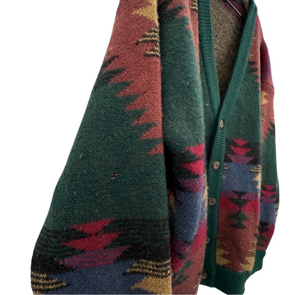Vintage 90s Men's Cardigan Sweater Structure 100% Wool Southwestern Aztec | L - Picture 3 of 13